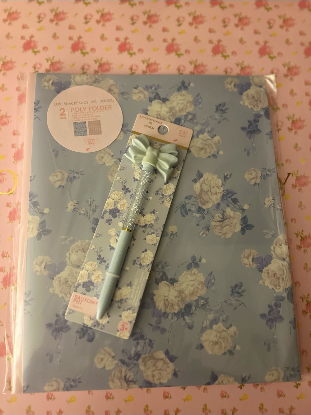 LoveShackFancy NWT Floral Blue Poly Folder set with Bow Ballpoint Pen - Picture 3 of 5
